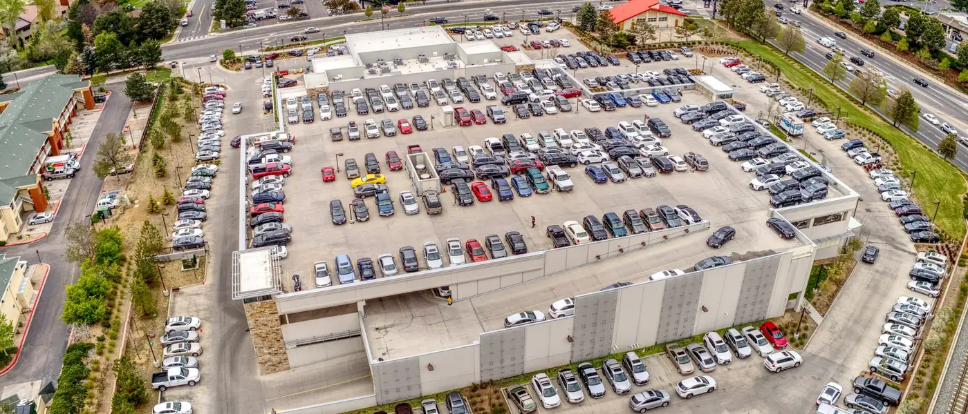 Aerial view of offices and parking lots in the Denver Tech Center area of Greenwood Village, Colorado