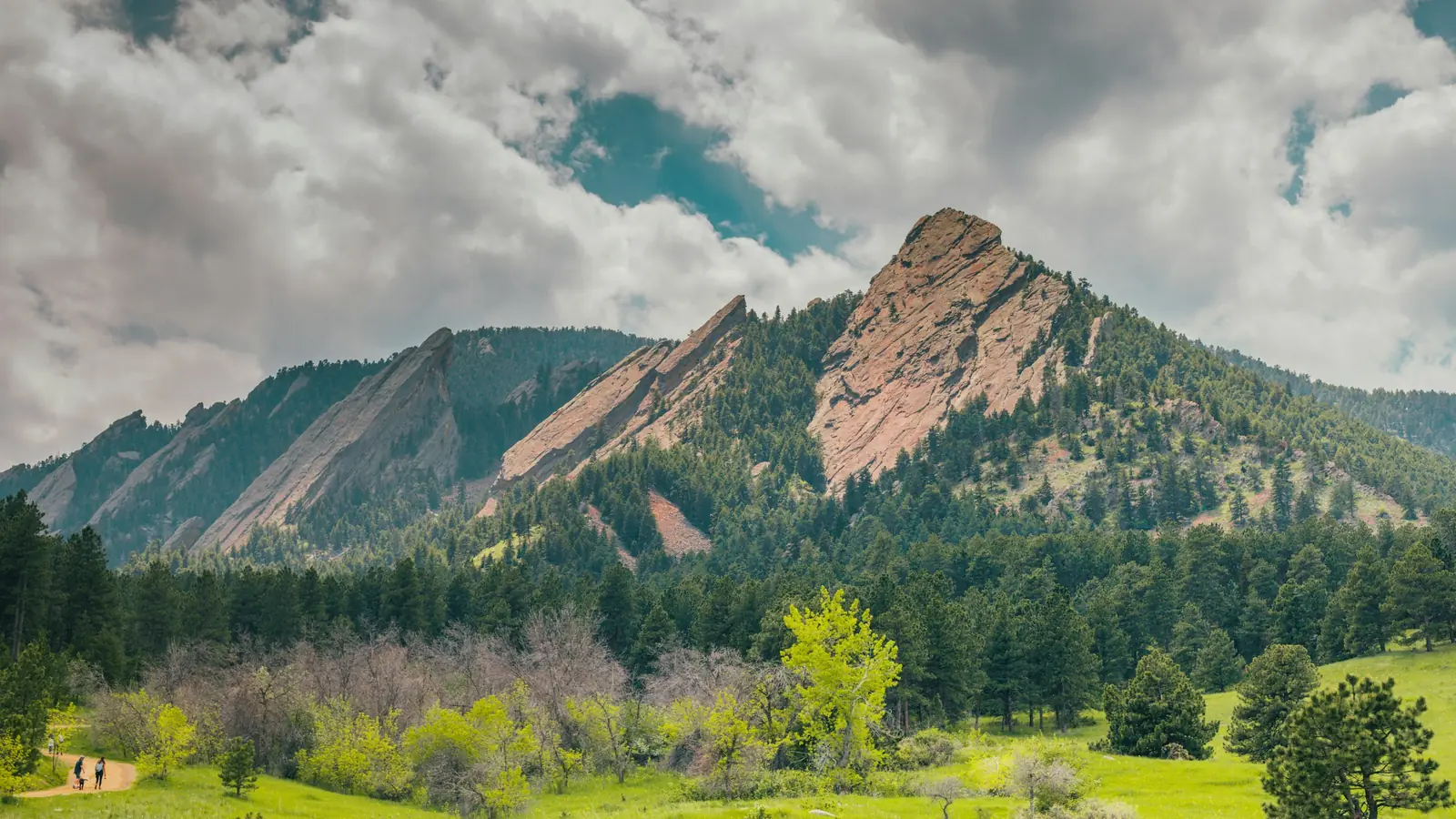 The Flatirons rising above green meadows at Chautauqua in Boulder, Colorado